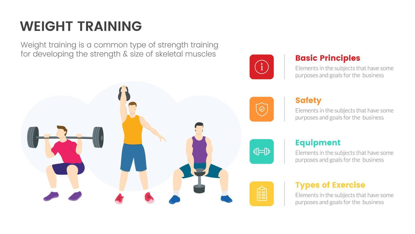 concepto infográfico de entrenamiento con pesas para presentación de diapositivas con lista de 4 puntos vector