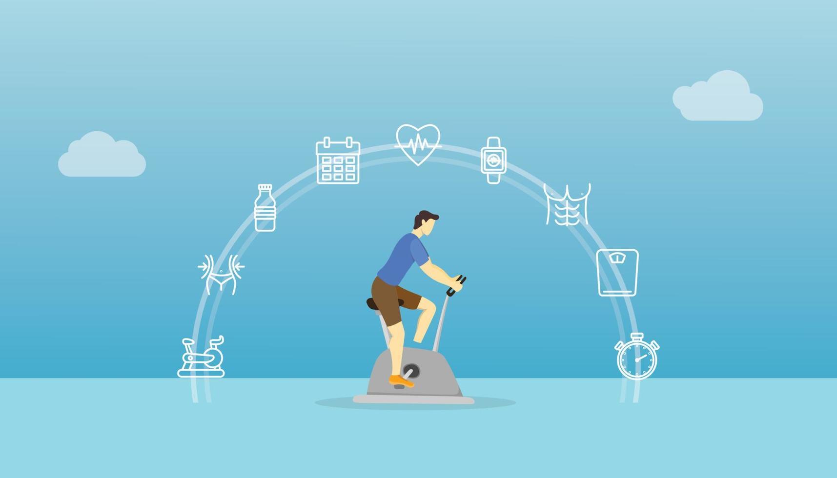 static bike or stationary bicycle concept with man cycling with some health icon related with modern flat style vector