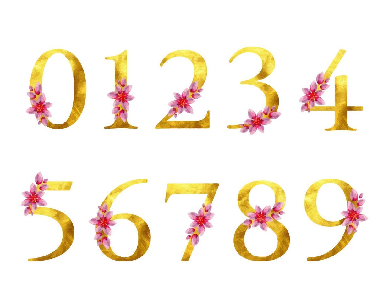 Gold number set isolated textured design element decoration graphic floral greeting card template wedding invitation birthday party pink flower golden sign luxury font type watercolor botany painting vector