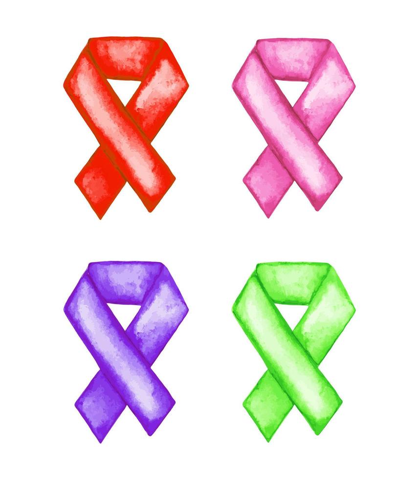 conjunto de iconos de símbolo de cinta de cáncer. pintura de imágenes prediseñadas de acuarela. ilustración del concepto de atención médica y medicina. vector