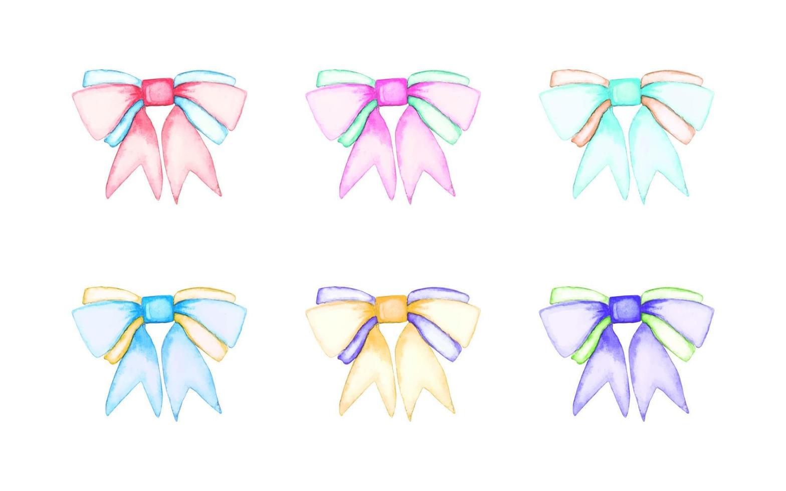 Watercolor bow set painting, isolated icon clipart. Colorful ribbon decoration element. vector