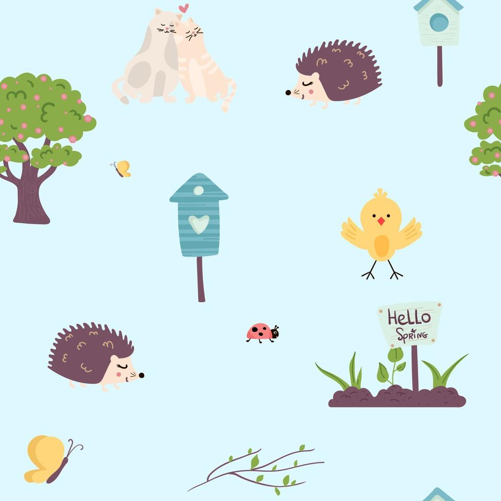 Seamless cute spring floral pattern. hedgehogs flowers, plants, tree, leaves, nature , leaves. spring background. Chicken, cats butterflies, ladybug, trees in bloom, plants. Hello spring vector