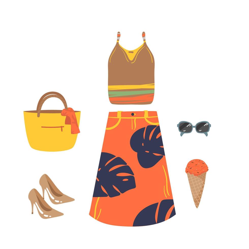 Woman summer clothing vector icon set. leaf print skirt, summer bag, T-shirt, blouse, glasses, heels, ice cream, glasses. Clothes collection.