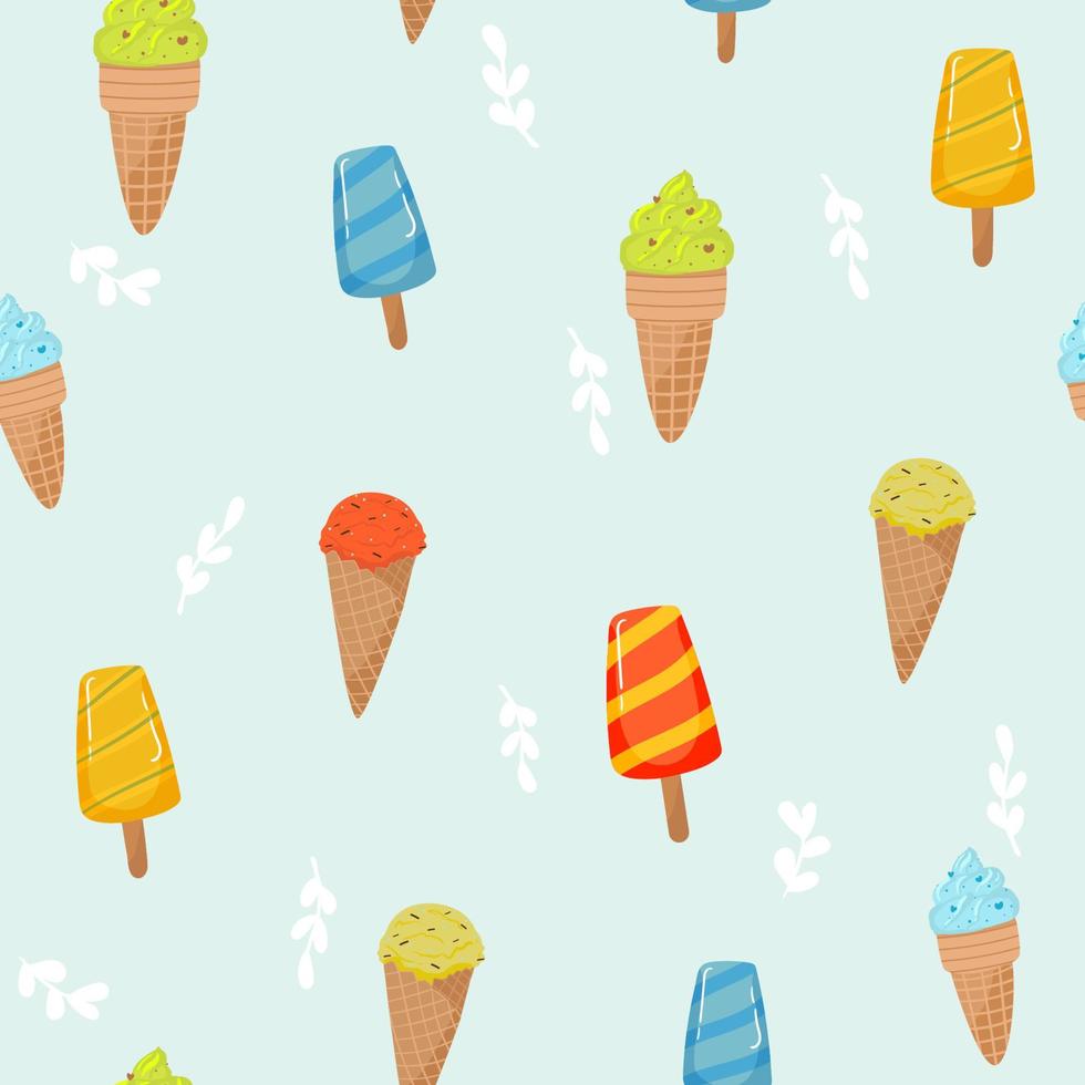 helados de patrones sin fisuras. vacaciones de verano con paletas, conos de helado postre helado. textura de vector de comida dulce de dibujos animados en azul. Dibujo a mano