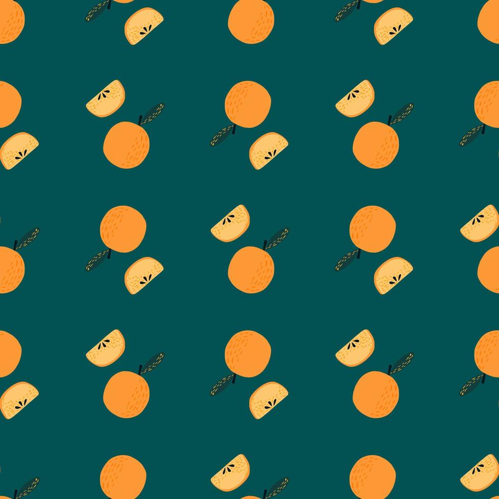 Contrast seamless pattern with bright orange apple ornament. Dark turquoise background. vector