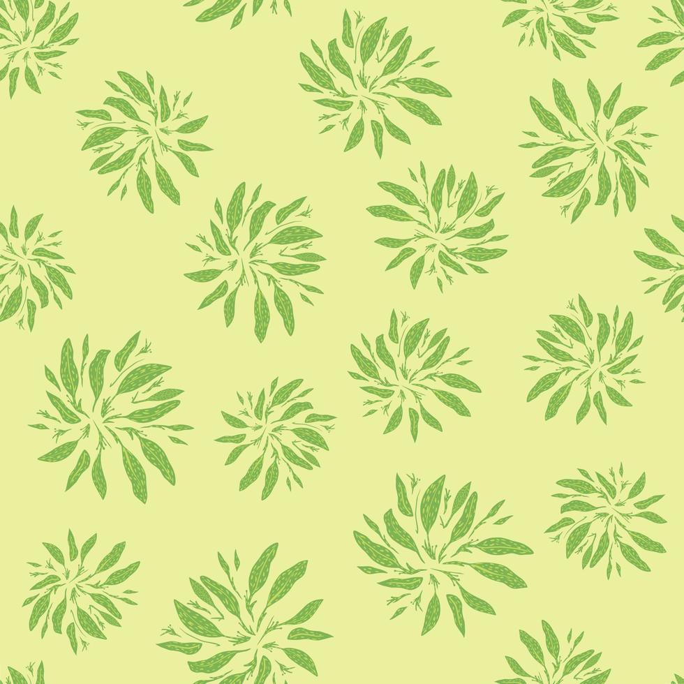 Tropical simple leaves silhouettes seamless random pattern. Light yellow background. Cartoon foliage print. vector