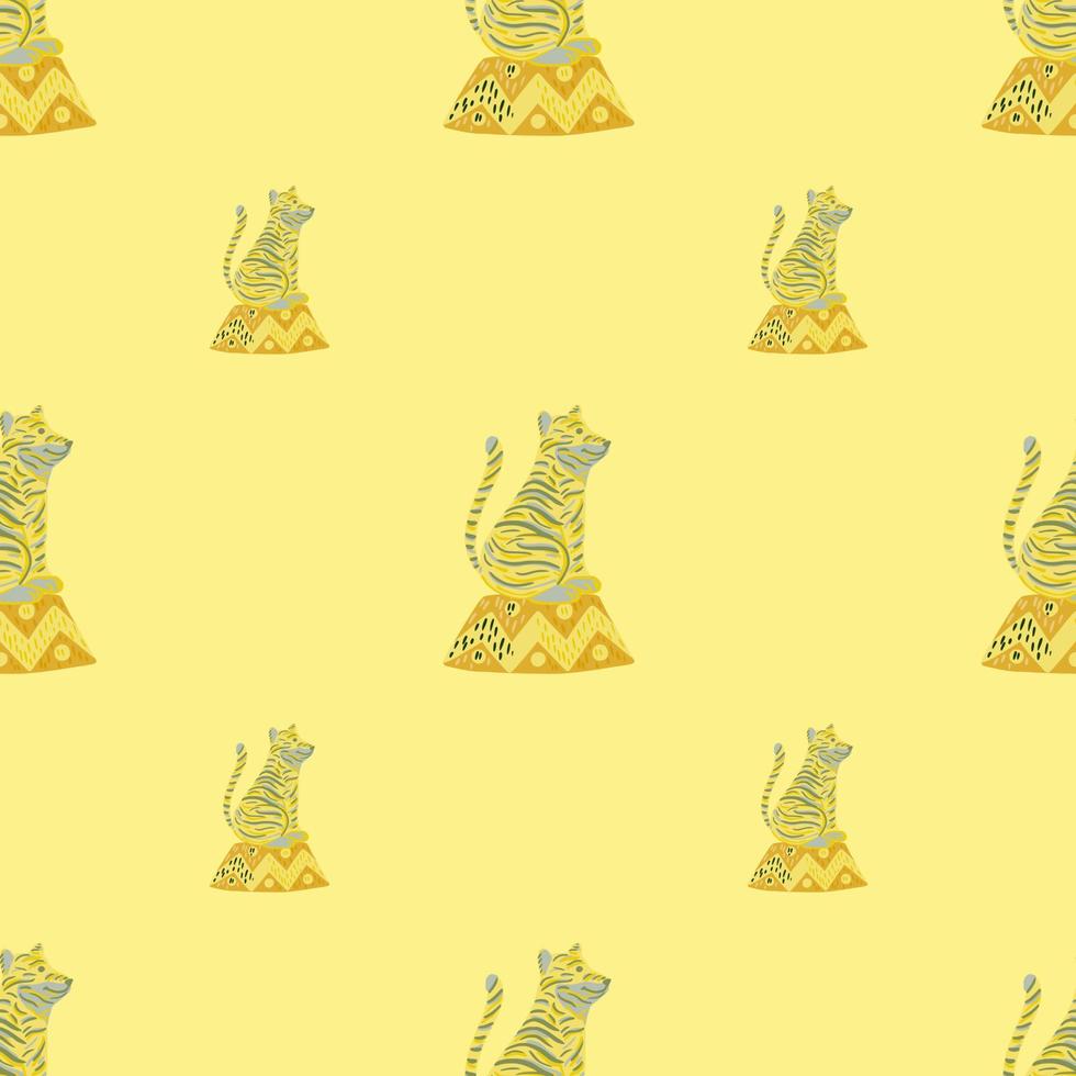 Minimalistic seamless pattern with mammal tiger ornament backdrop. Yellow background. Zoo print. vector