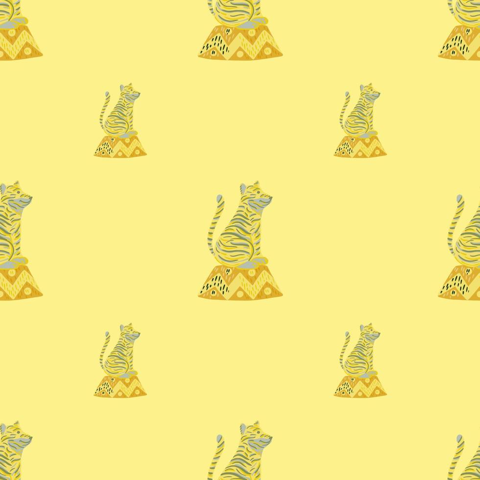 Minimalistic seamless pattern with mammal tiger ornament backdrop. Yellow background. Zoo print. vector