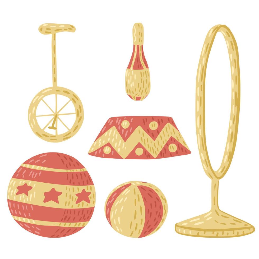 Set circus props isolated on white background. Collection carnival equipment for shows. vector
