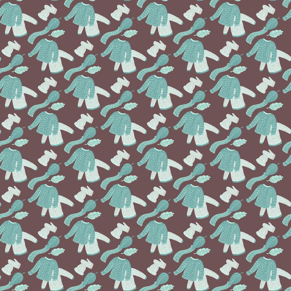 Seamless knitted clothes pattern with sweater, mittens, hat and scarf print. Brown background. Xmas backdrop. vector