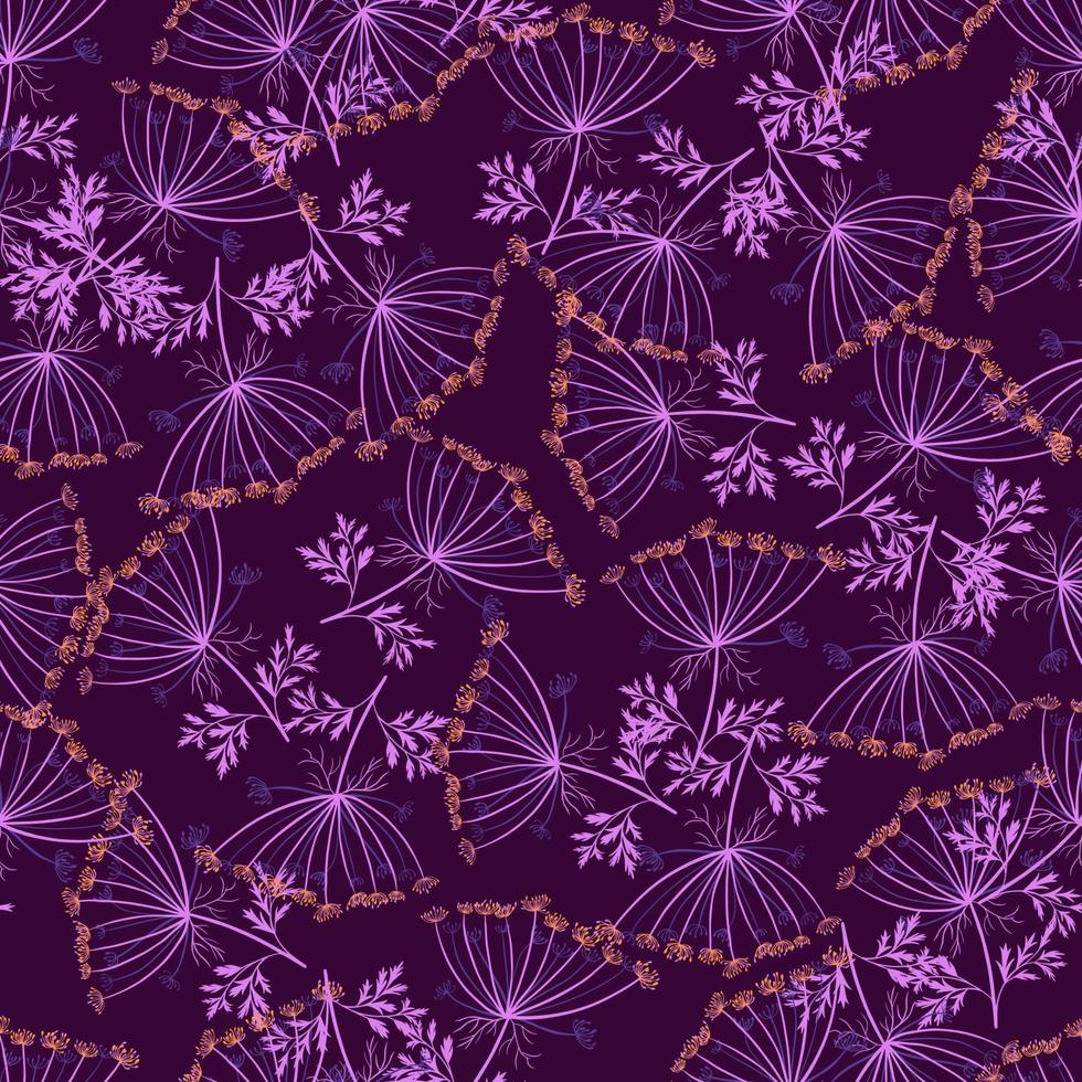 Abstract botanic seamless pattern with random dill umbrella ornament. Purple colored artwork. vector