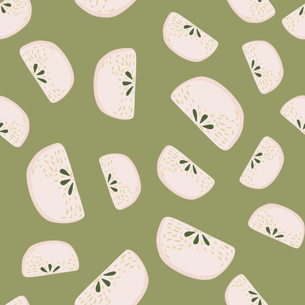 Seamles pattern with doodle pink random apple slices elements. Green pastel background. vector