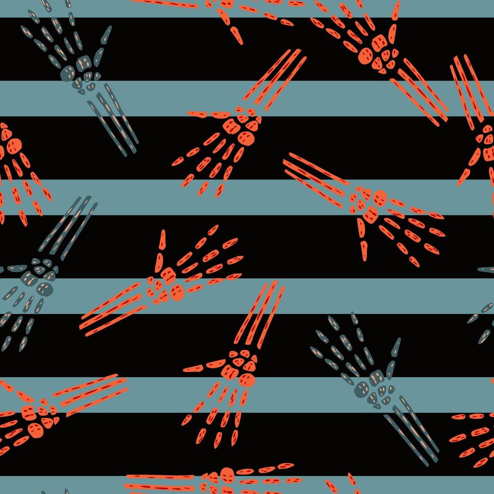 Contrast seamless horror pattern with skeleton hands ornament. Striped dark background. vector