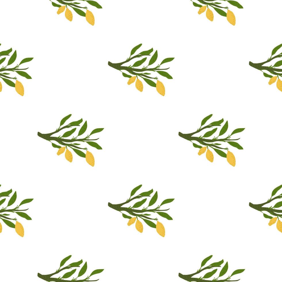 Isolate seamless food pattern with cartoon doodle green leaves and yellow lemons print. White background. vector