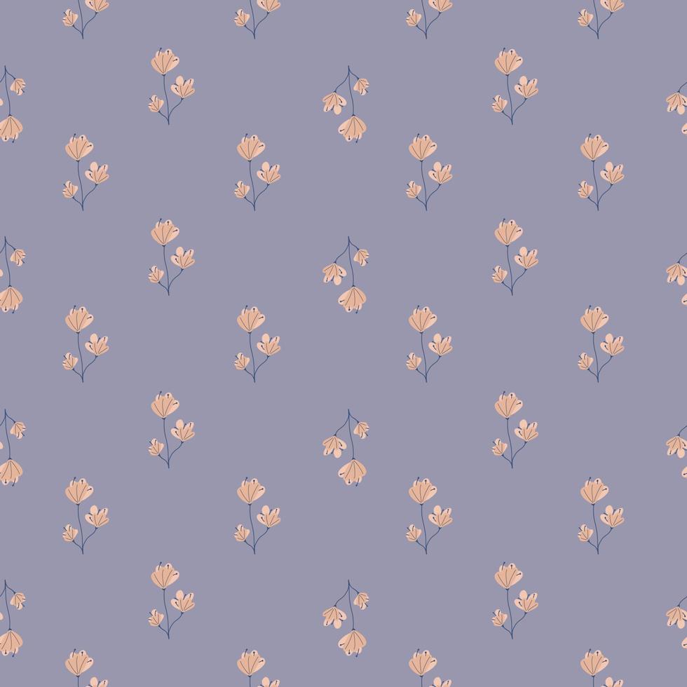 Little beige abstract flower ornament seamless pattern in floral hand drawn style. Light purple background. vector