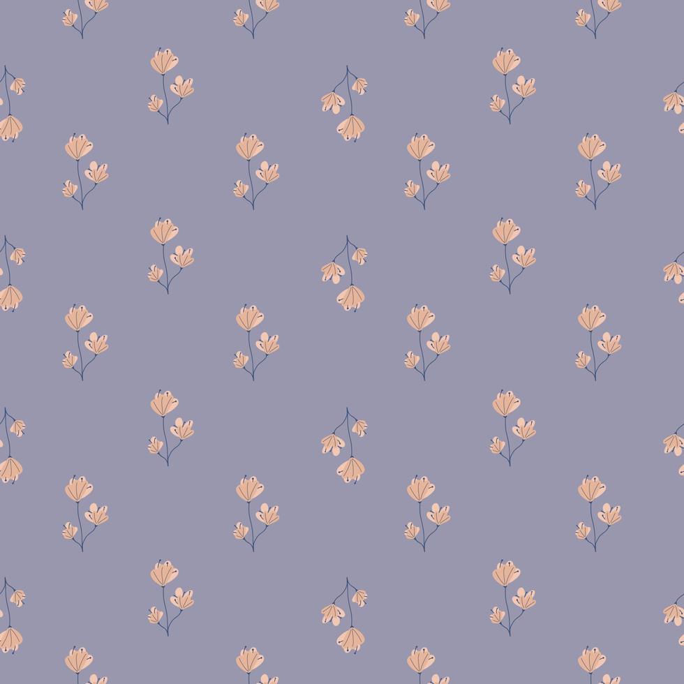 Little beige abstract flower ornament seamless pattern in floral hand drawn style. Light purple background. vector