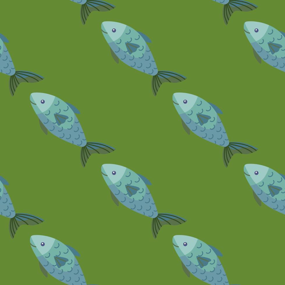 Seamless pattern fish on green background. Simple ornament with sea animals. vector