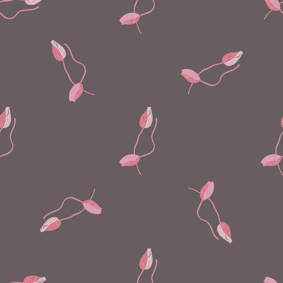 Spring pink poppy bud flower shapes seamless nature pattern. Grey background. Minimalistic creative style. vector