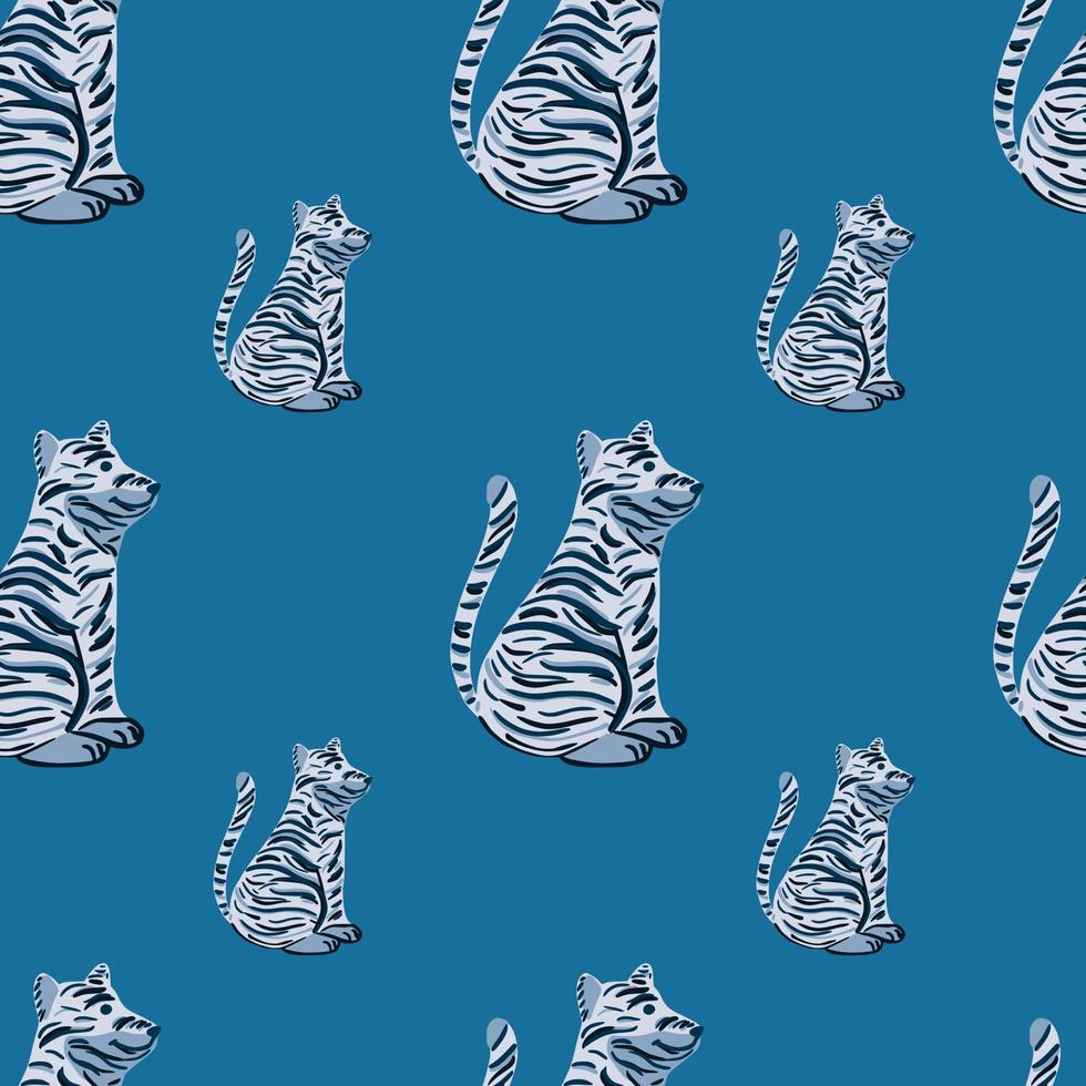 patrón sin costuras de dibujos animados en estilo infantil con siluetas de tigre simples. fondo azul brillante. vector