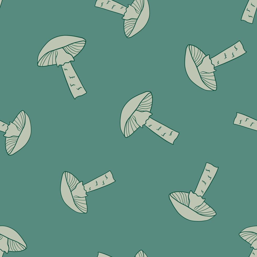 Seasonal autumn seamless pattern with grey random contoured mushroom print. Turquoise background. vector