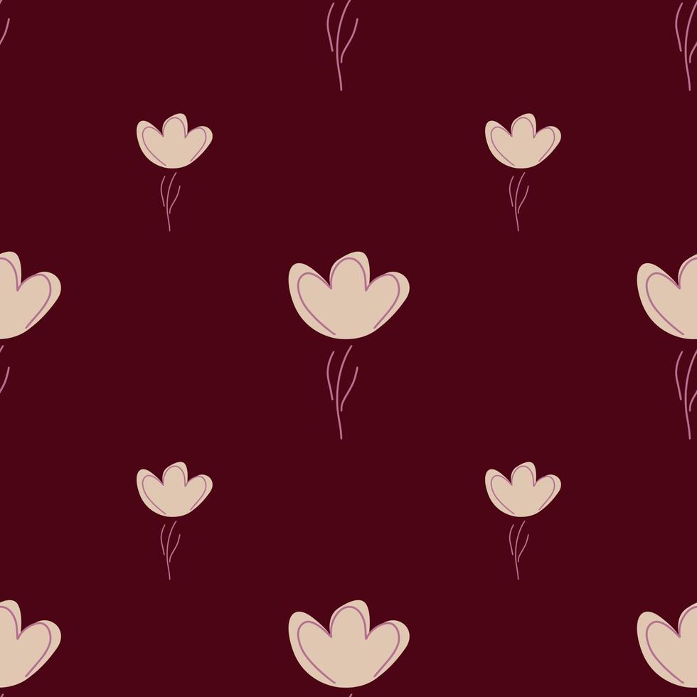 Modern nature seamless pattern with minimalistic flower pink silhouettes. Maroon background. Doodle print. vector