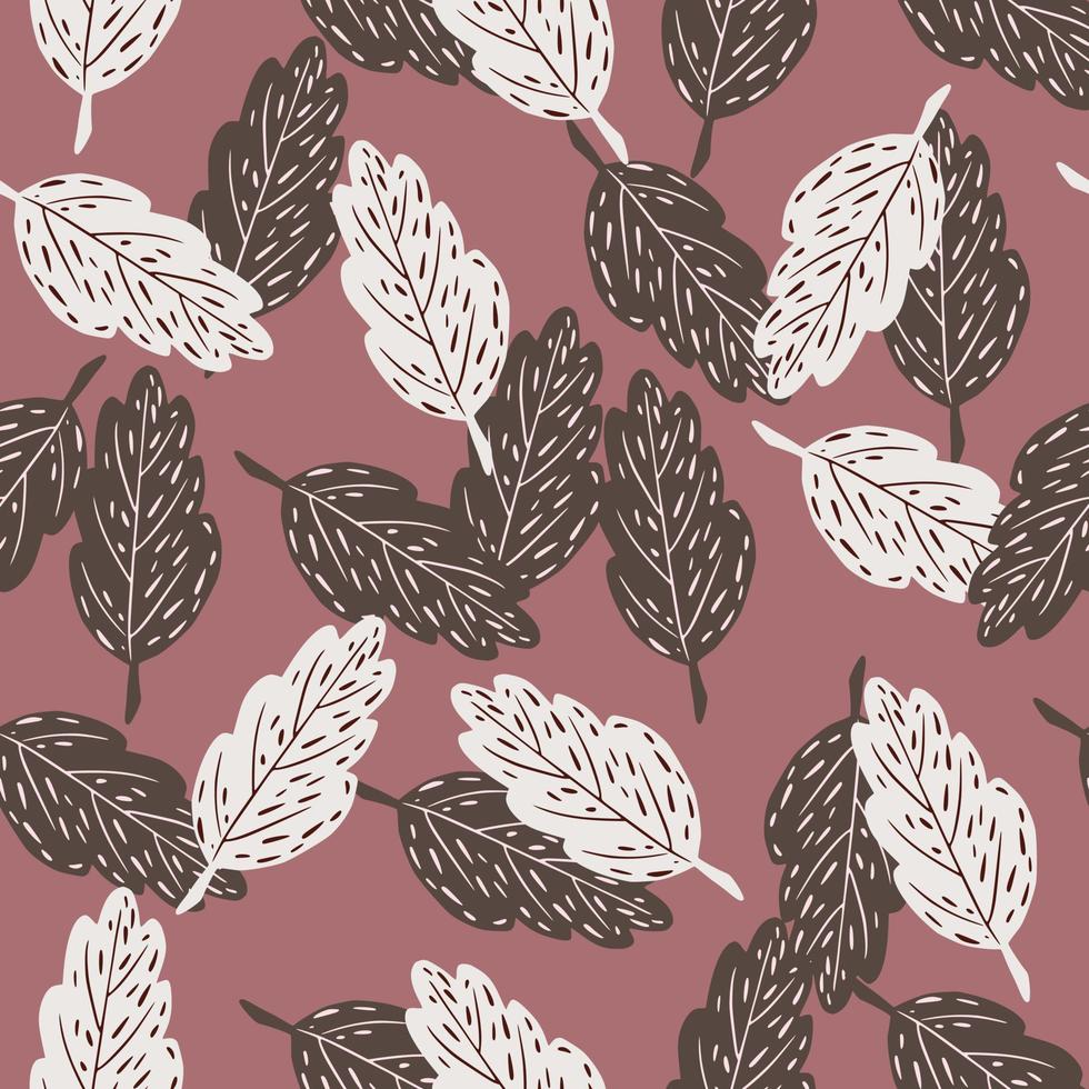 Fall season seamless nature pattern with contoured white and brown leaves on pale pink background. vector