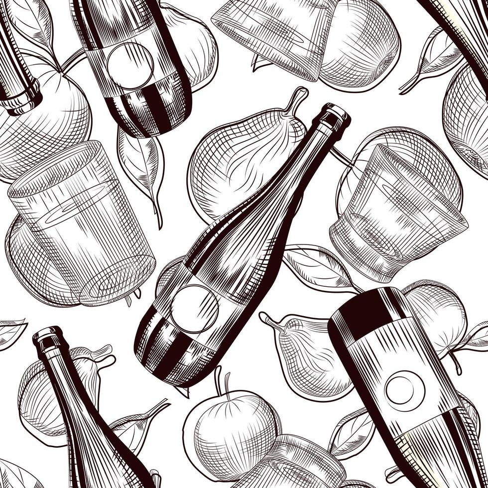 Cider bottles seamless pattern. Fruit alcohol wallpaper. vector