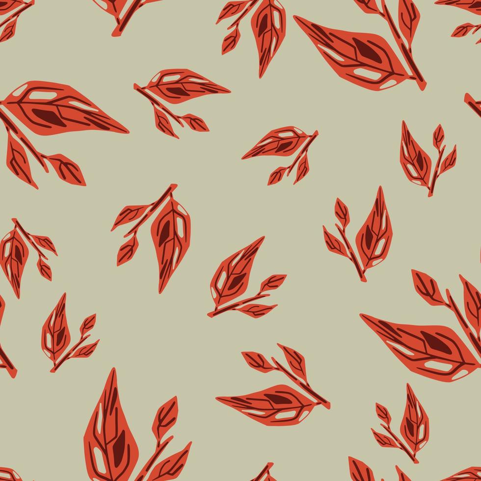 Random red autumn leaf branches seamless pattern. Grey background. Nature botanic artwork. vector