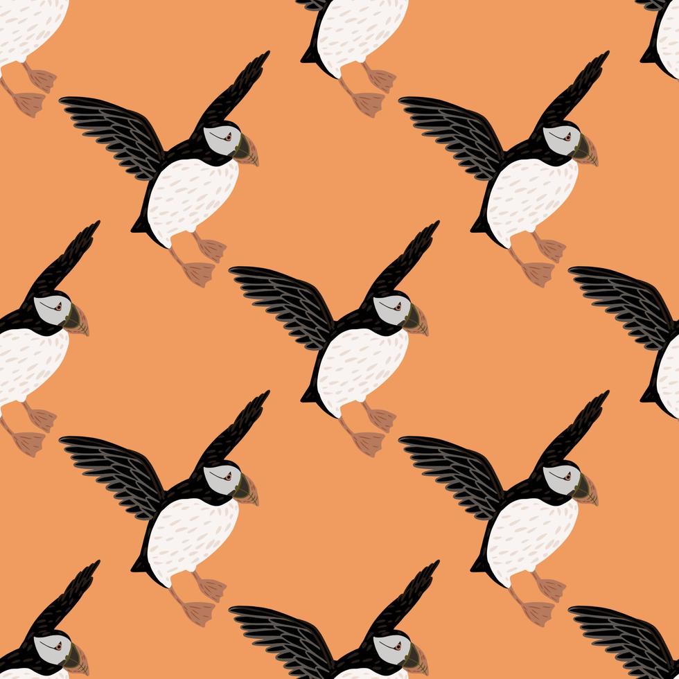 Cartoo seabird seamless pattern with hand drawn puffin birds silhouettes. Pastel orange background. vector