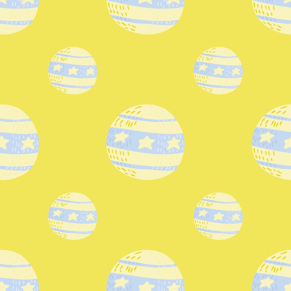 Creative seamless pattern in light tones with white and blue colored circus balls. Yellow background. vector