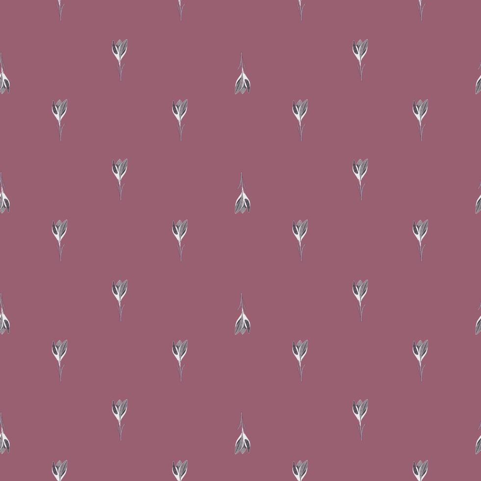 Abstract little crocus flowers seamless pattern in hand drawn style. Pale purple background. Botanic art. vector