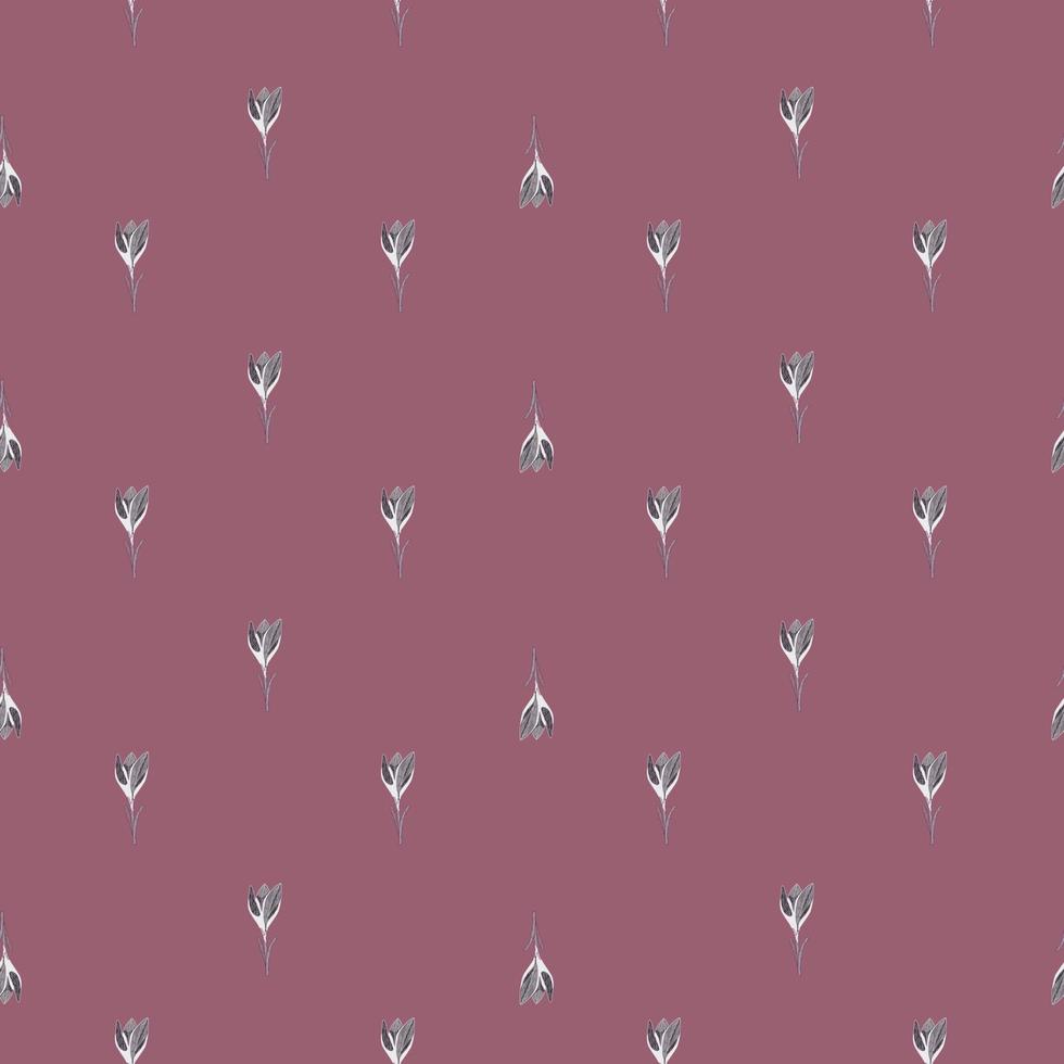 Abstract little crocus flowers seamless pattern in hand drawn style. Pale purple background. Botanic art. vector