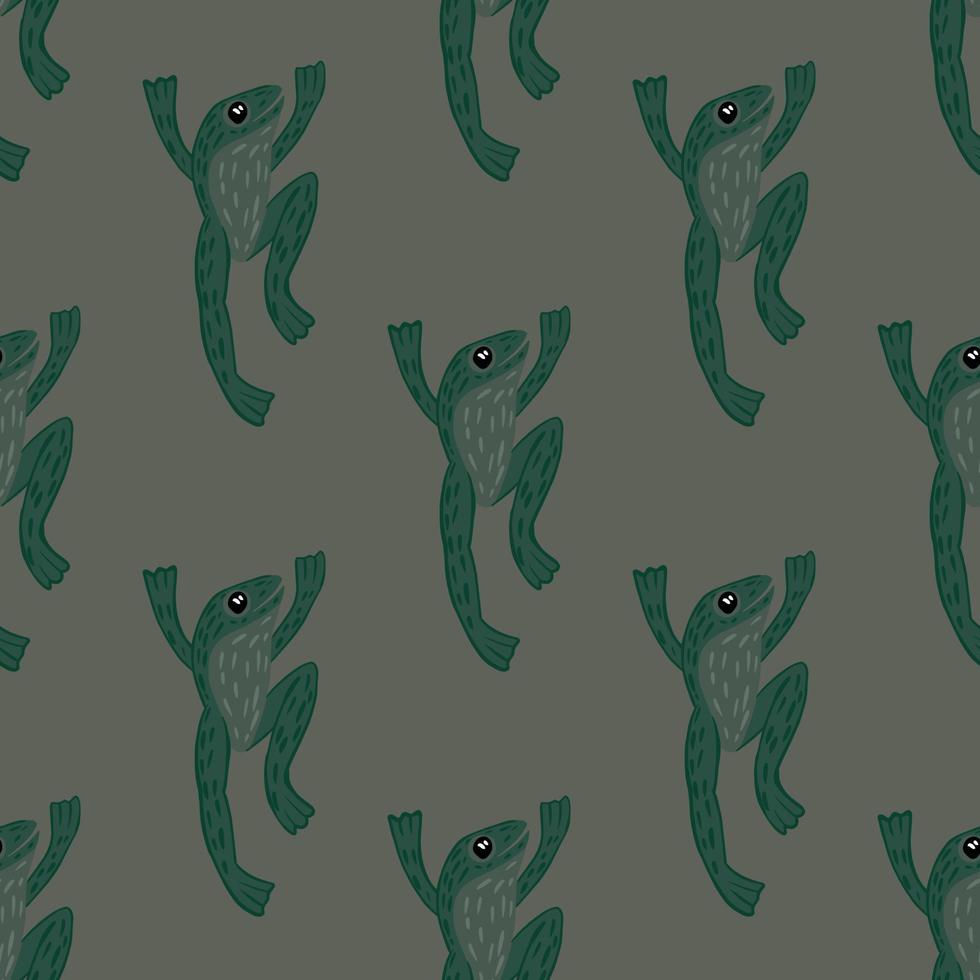 Dark zoo marine seamless doodle pattern with green froggy ornament. Grey background. Kids style. vector