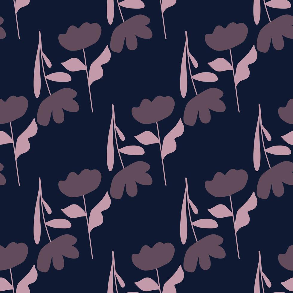 Bloom botanic seamless pattern with lilac abstract flower silhouettes. Navy blue background. Doodle style. vector