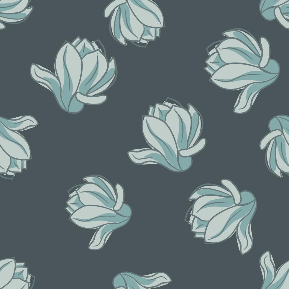 Random blue magnolia flowers silhouettes seamless pattern. Grey background. Simple style. vector