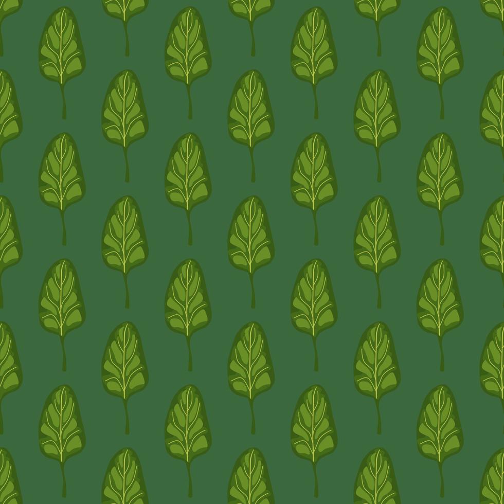 Seamless pattern Spinach salad on teal background. Minimalistic ornament with lettuce. vector