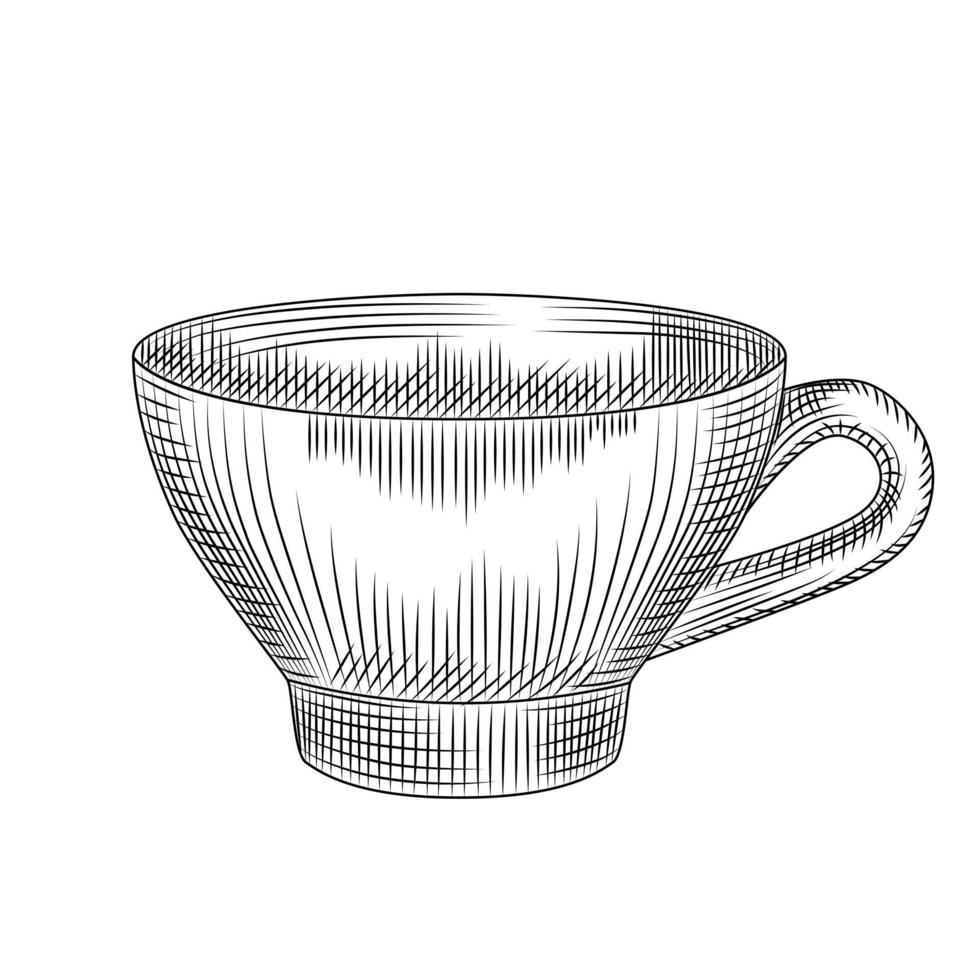 Hand drawn cup of tea isolated on white background. Engraving vintage style. vector