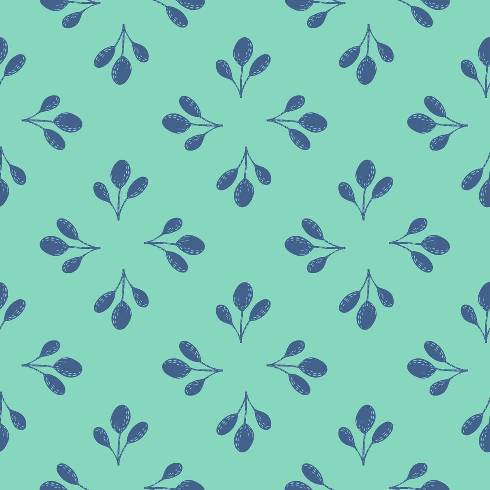 Abstract seamless doodle pattern with scandinavian blue leaf ornament. Turquoise bright background. Simple design. vector