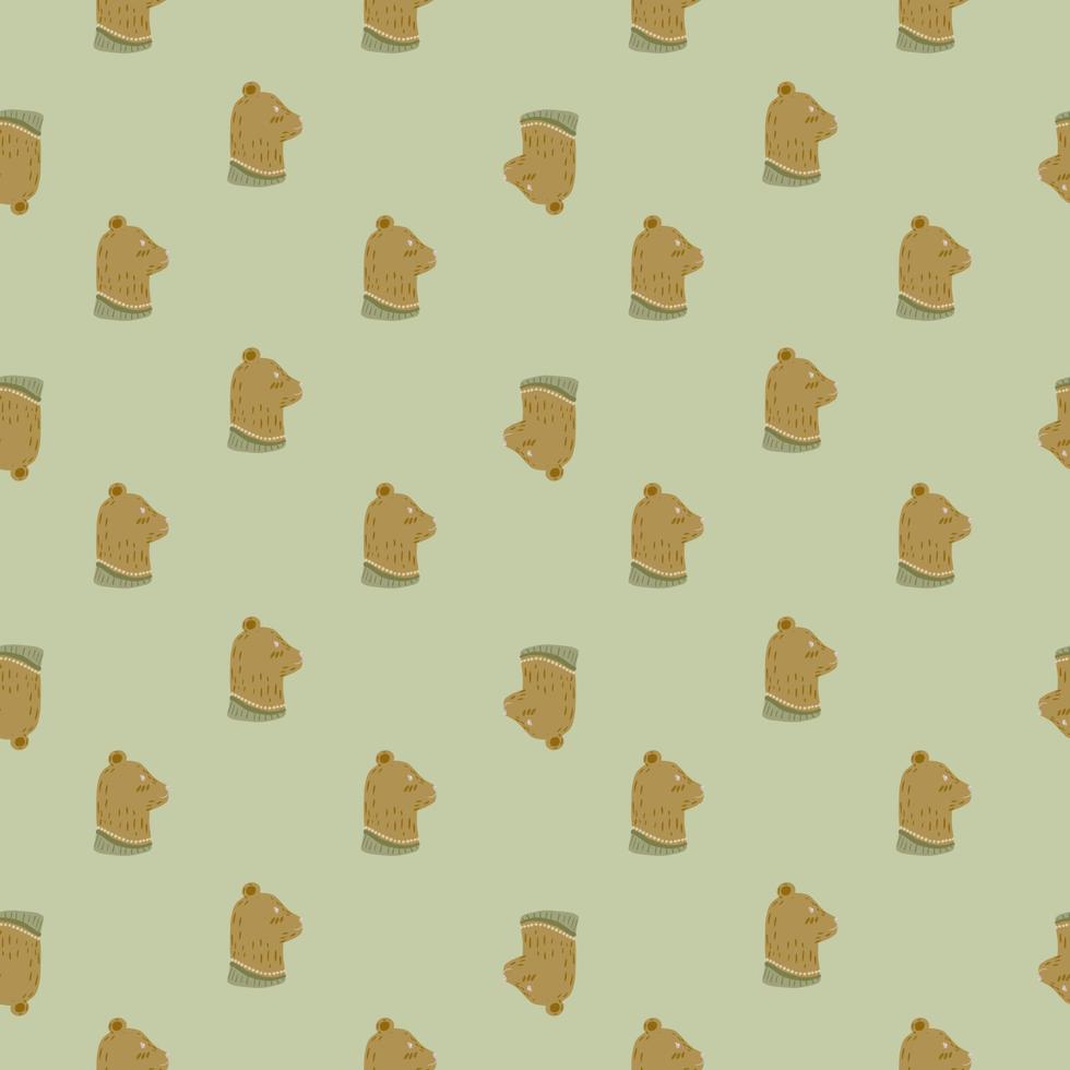 Abstract zoo seamless pattern with hand drawn brown little bear silhouettes. Pale green background. vector