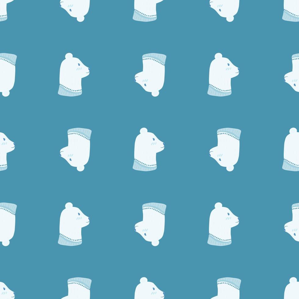 Bright seamless animal kids pattern with polar bear head ornament. Blue background. Doodle backdrop. vector