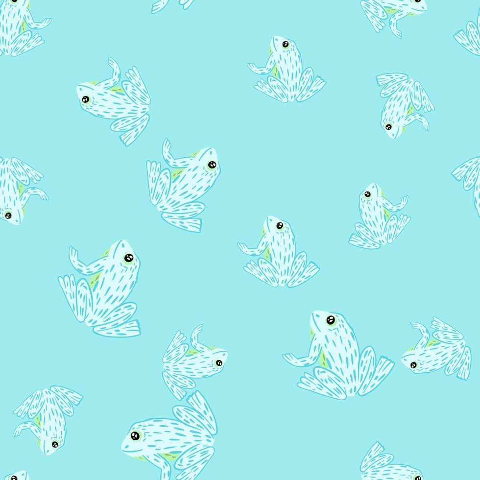 Random seamless pattern with white contoured toad silhouettes print. Blue pastel background. vector