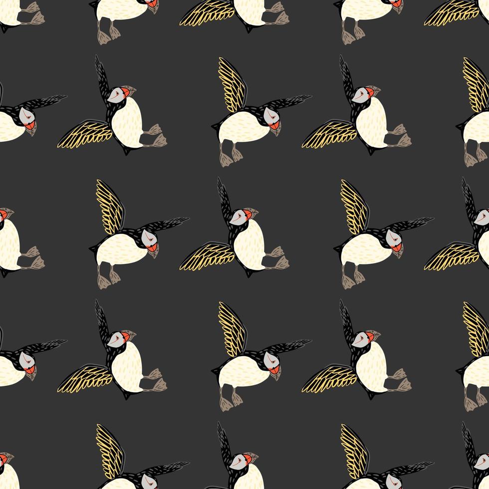 Decorative seamless pattern with hand drawn puffin bird silhouettes. Dark grey background. Simple design. vector