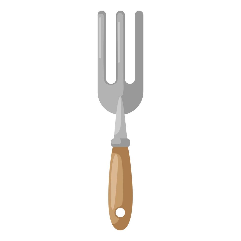 Gray pitchfork on white background isolated. Steel pitchfork with wooden handle in style flat. Garden tool design. vector