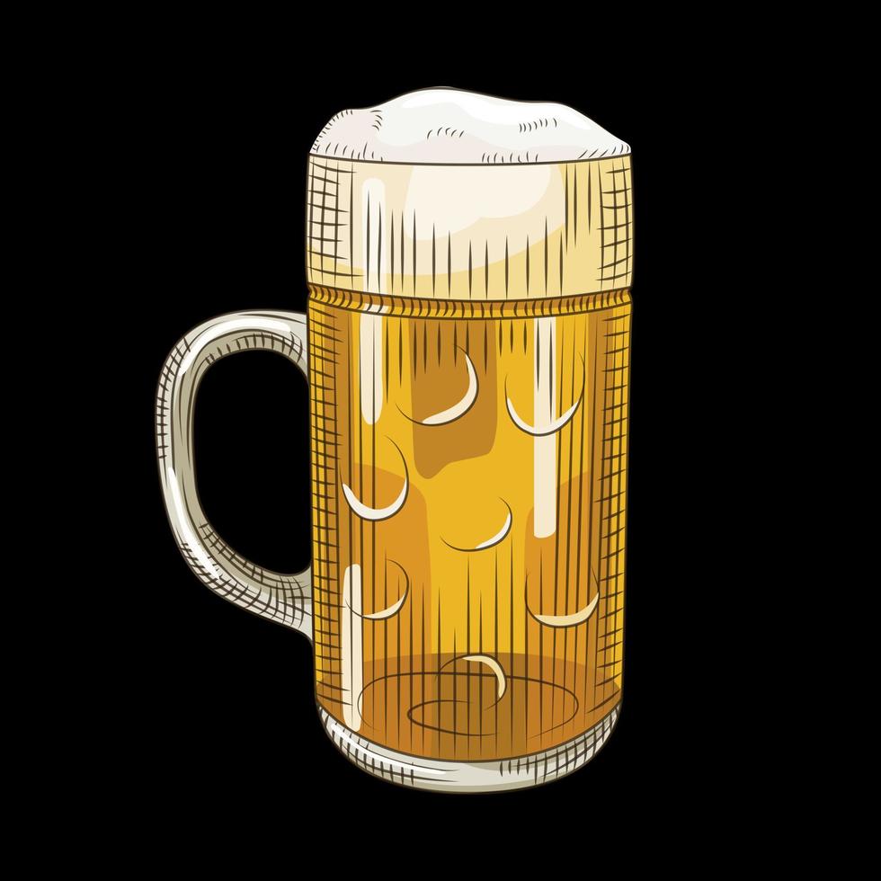 Glass of light beer isolated vector vintage illustration. Full beer mug in hand drawn style on black background.