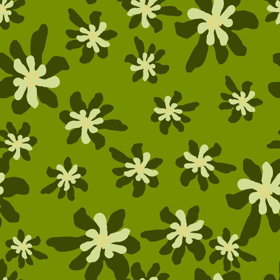 Random abstract botanic seamless pattern in green colors palette. Cartoon flora backdrop. vector