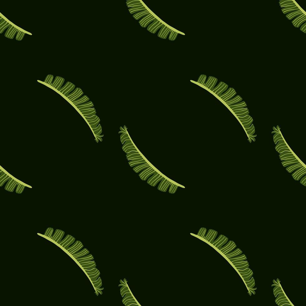 Minimalistic dark seamless pattern with doodle green fern leaves silhouettes. Black background. vector