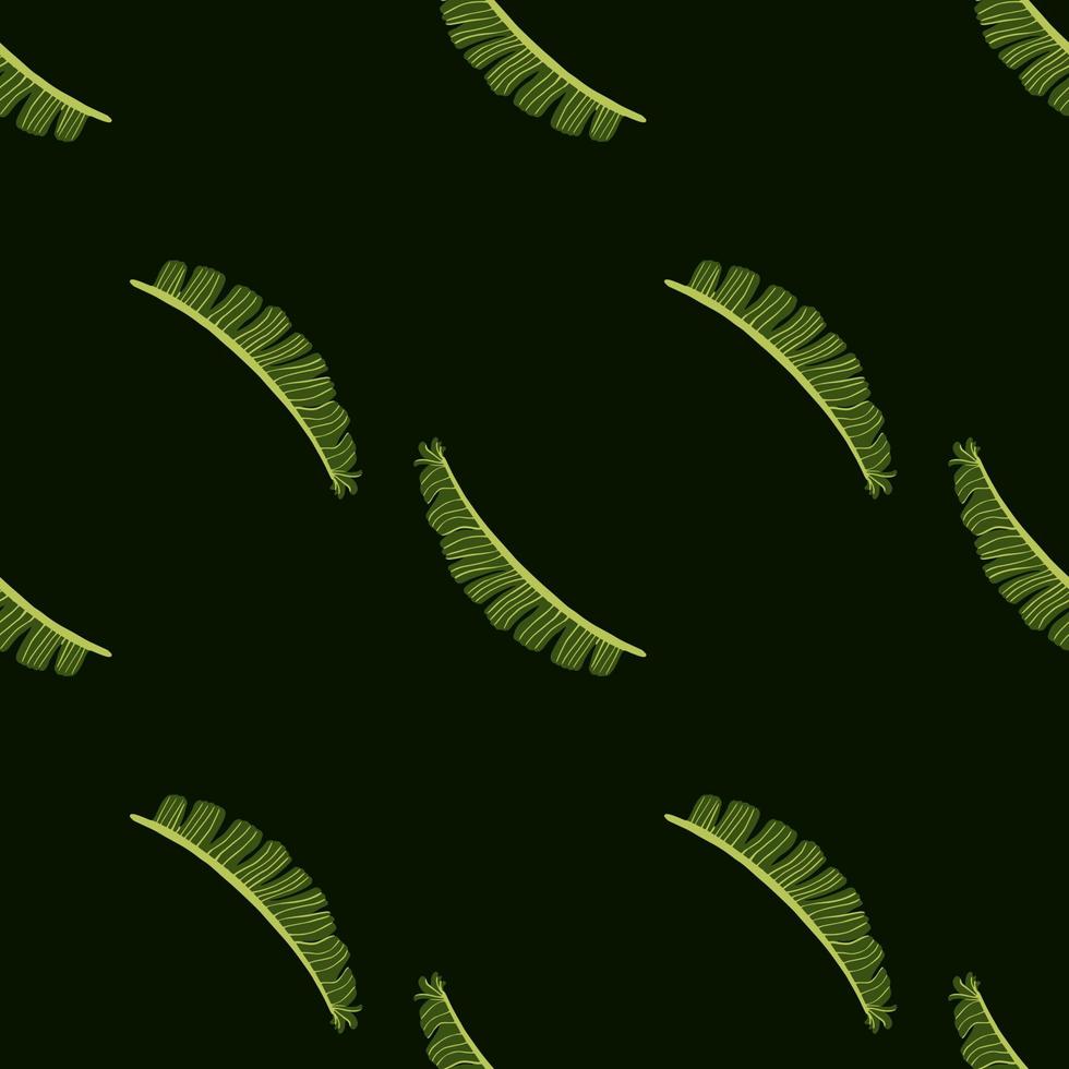 Minimalistic dark seamless pattern with doodle green fern leaves silhouettes. Black background. vector