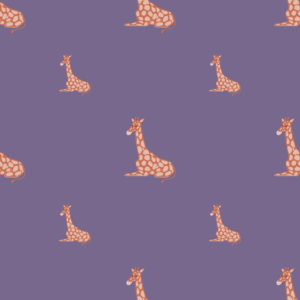 Minimalistic style zoo seamless pattern with beige colored doodle giraffe print. Purple background. vector