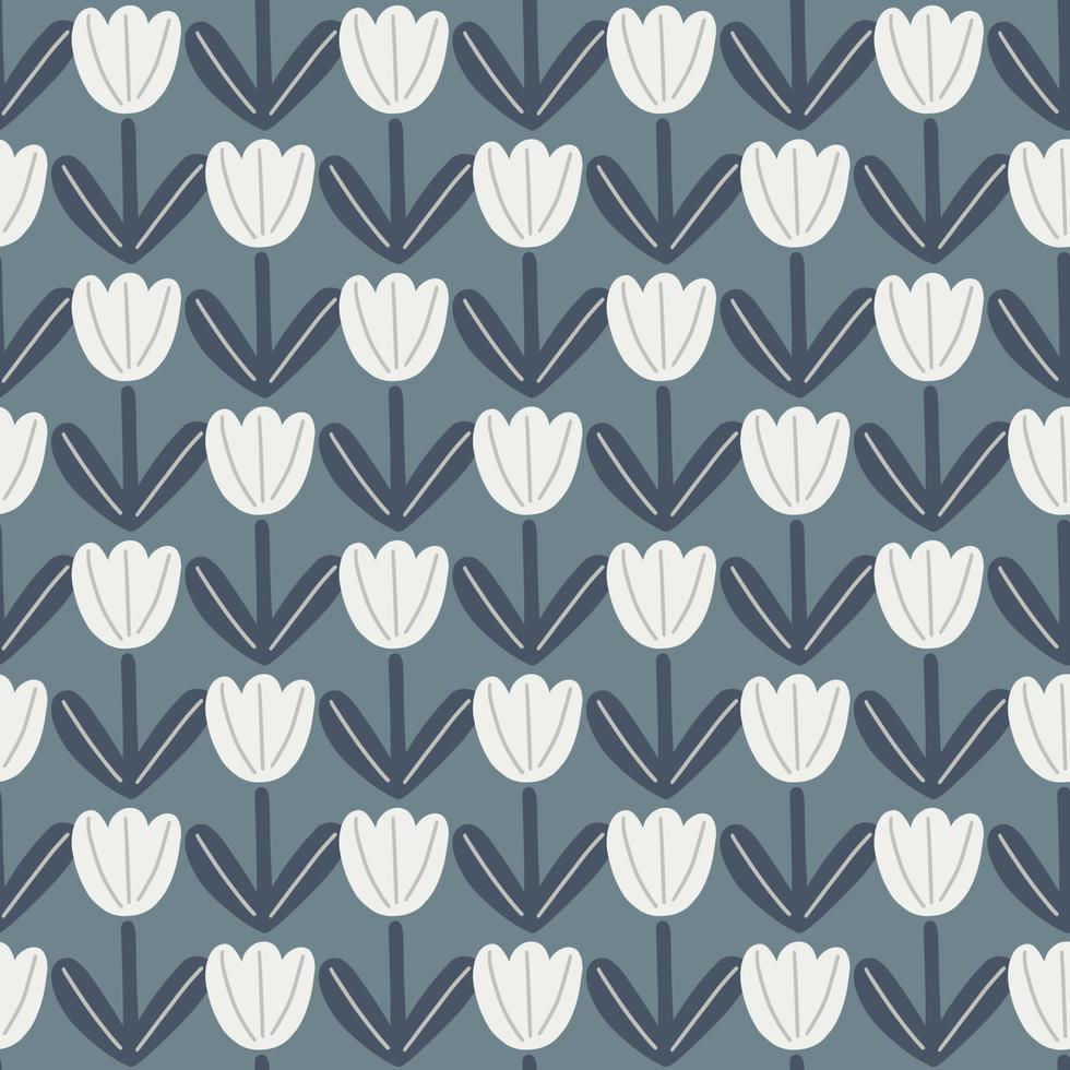 Abstract style seamless pattern in doodle style with white tulip shapes. Navy blue pale background. vector