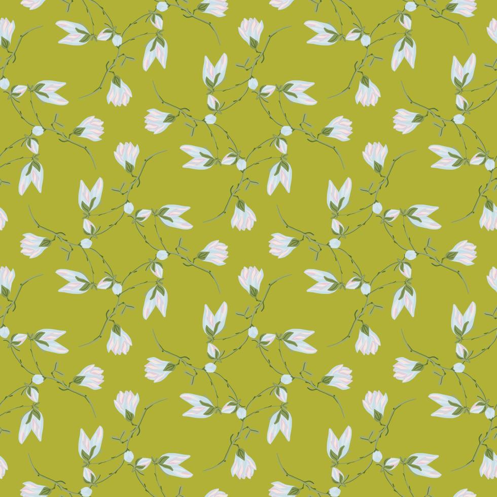 Seamless pattern Magnolias on green background. Beautiful ornament with blue flowers. vector